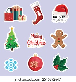 Christmas stickers with gift, Santa hat, Christmas tree, mistletoe, snowflake, gingerbread man. Vector cartoon icons set of New Year decoration