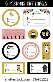Christmas stickers, gift tags and labels. Pins patches. Vector illustration