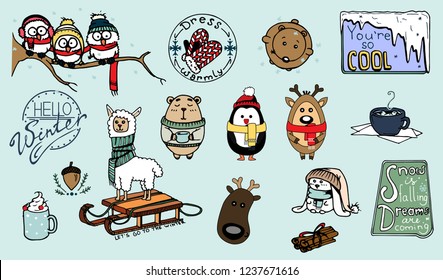 Christmas stickers. Holiday patches for your design. Hand-drawn.  New Year and Merry Christmas. Vector illustration.