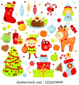 Christmas stickers, icons. Cute Santa elf, spruce, deer and other New Year holiday symbols in kawaii style. Big collection of isolated vector elements for party invitations, scrapbook
