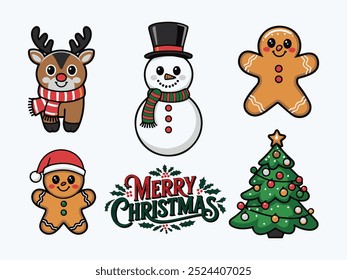 Christmas stickers including a jolly reindeer in a cozy scarf snowman with a top hat a gingerbread man with a smile and a Christmas tree. Christmas t-shirt design.