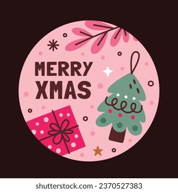 Christmas stickers. Christmas Label. Merry Christmas background. Happy Christmas elements. Xmas tree. gift box. Label, Sticker, Template. December 25. cartoon Vector illustration.