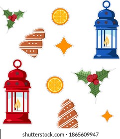 Christmas stickers, lantern, Christmas tree cookies, stars, orange, holly. With a white rim under the clipping