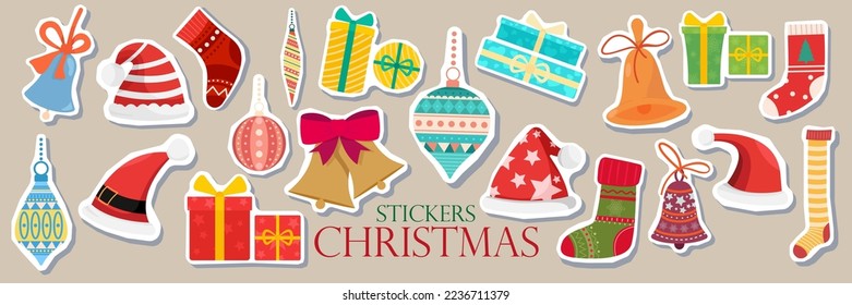 Christmas stickers large icon set. Vintage Christmas and Happy New Year elements. Vector illustration. Isolated on brown background