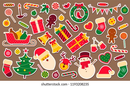 Christmas stickers large set. Vintage christmas and Happy New Year elements. Vector illustration. Isolated on brown background.