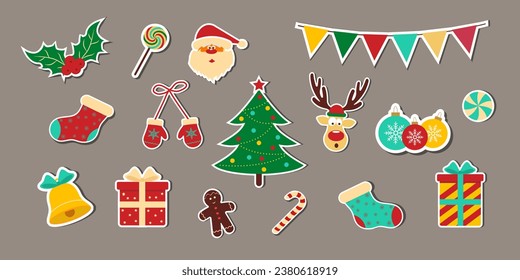 Gran juego de stickers de Navidad. Navidad vintage y elementos de Feliz Año Nuevo. Ilustración vectorial. Aislado sobre fondo marrón.