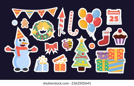 christmas stickers. new year xmas cartoon jingle party decorations badges stickers with white outlines, candie gift prize boxes, snowman, girland, marry christmas tree collection. vector cartoon holid