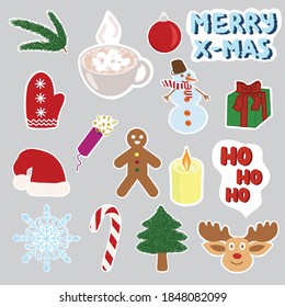 Christmas stickers pack, 16 holiday elements ready for print, vector illustration