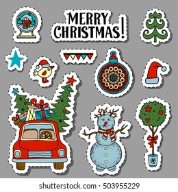 Christmas stickers, patches, labels. Handwritten text. Hand drawn cartoon trees, bird, snow globe, ball, flags, santa hat, star, car, snowman isolated. Vector design