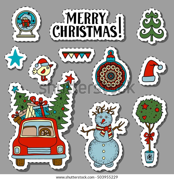 Christmas stickers, patches,\
labels. Handwritten text. Hand drawn cartoon trees, bird, snow\
globe, ball, flags, santa hat, star, car, snowman isolated. Vector\
design