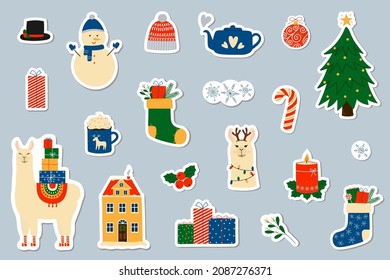 Christmas stickers, pins, patches collection. Cute winter elements. Isolated vector illustration 