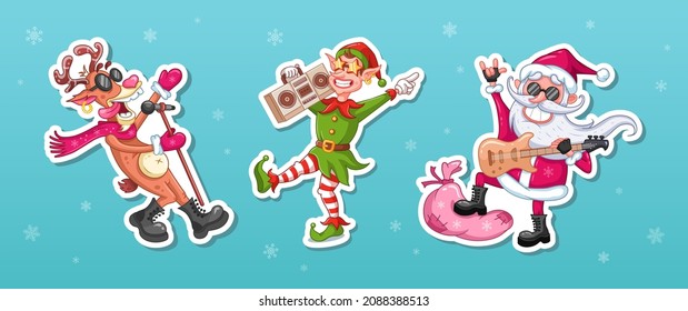 Christmas stickers. Santa Claus, elf and reindeer. Cartoon christmas characters. Vector illustrations. Cool Santa Claus with electric guitar. Singing cool reindeer. Dancing elf with audio recorder.