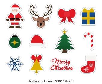 Christmas stickers. Santa Claus, reindeer, bow, gift, ball, hat, Christmas tree, candy cane, snowflake, bell, Merry Christmas, sock