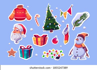 Christmas stickers with Santa Claus, sweater, pine tree and snowman. Vector cartoon icons set of New Year decoration, garlands, gift boxes, candy cane, cookie and xmas stocking