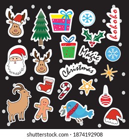 Christmas stickers. Scrapbook. Merry Christmas. Pins, stickers, labels, patches. Cute seasonal elements. Christmas's decorations. Badge collection for winter holidays.