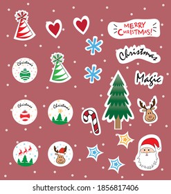 Christmas stickers. Scrapbook. Merry Christmas. Vector hand drawn clip art. Winter sign collection. Christmas tags for gifts or stickers. Cute seasonal elements. Christmas decorations.