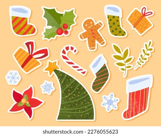 Christmas stickers set. Collection of graphic elements for website. Socks, gingerbread man and caramel stick, berries and snowflake. Cartoon flat vector illustrations isolated on beige background