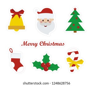Christmas Stickers Set. Collection of happy new year attributes. Merry christmas greeting card design. Isolated vector illustration
