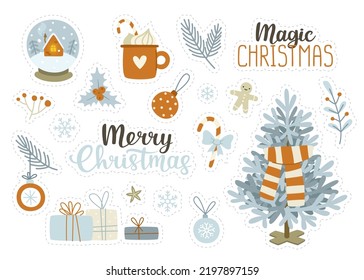 Los stickers de Navidad están listos. Colección vectorial de atributos festivos acogedores. Paquete de emoticones de navidad.