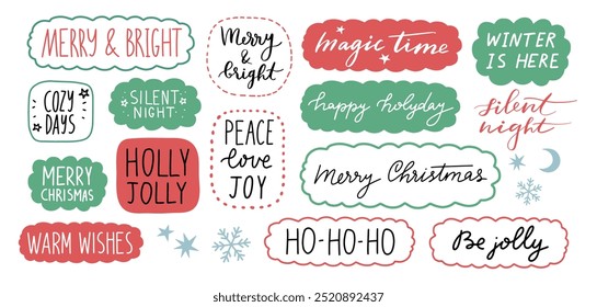 Christmas stickers set. Cute holiday badges, lettering, doodle quotes, stickers. vector. Winter festive quotes. Ho-ho-ho, Warm wishes, Holly jolly etc. Vector illustration