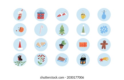 Christmas stickers set. Cute stocking, candy cane, gingerbread, sleds, snowman, gifts, Santa's and Elf's hat, cacao, figure skaters, snowflake and other traditional winter holidays impediments.