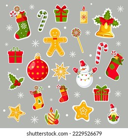 Christmas stickers. Set of festive items. Colorful icons. New Year and Christmas elements. Gifts, gingerbread, Christmas toys, Santa Claus sock, candy, candles, bells. Vector illustration