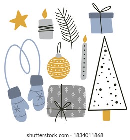 Christmas stickers set. Hand drawn winter elements - gift, candle, pine, mittens, star. Christmas illustration for card, poster, stickerpack, web, logo, scrapbooking, patterns, interior. Flat style.