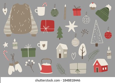 Christmas stickers set. Hand drawn winter elements - gift, candle, pine, sweater, star. Christmas illustration for card, poster, stickerpack, web, logo, scrapbooking, patterns, interior. Flat style.