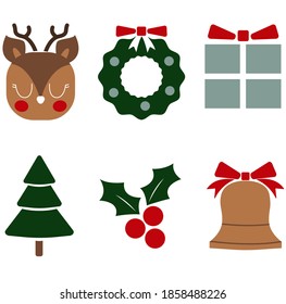 Christmas stickers set. Hand drawn winter elements - deer, Christmas wreath, Christmas tree, gift, bell.