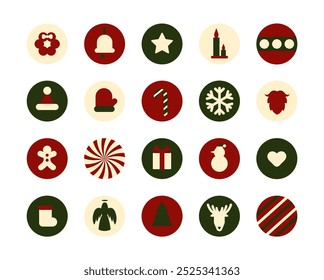 Christmas stickers. Set of Christmas icons. Winter holiday decorations, xmas tree, gift boxes, angel, baubles, snowman, candles and gingerbread man. Geometric red-green icons. New Year flat vector set