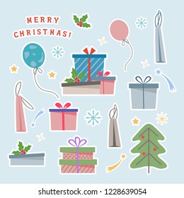 Christmas stickers set. Image of gift boxes, balloons, stars and snowflakes, Christmas tree. Vector illustration for printing in children's magazines, postcards, banners, promotional products.