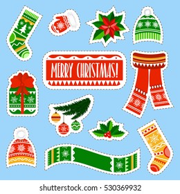 Christmas stickers set. Christmas and new year holidays stickers collection in cartoon style. Winter kids stuff stickers set with pattern and ornaments.