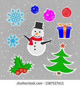 Christmas stickers set on gray transparent background. Snowflake gift toy snowman berry and fir-tree