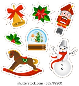 Christmas stickers set on white background. Christmas and new year holidays stickers collection in cartoon style.