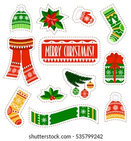 Christmas stickers set on white background. Christmas and new year holidays stickers collection in cartoon style. Winter kids stuff stickers set with pattern and ornaments.