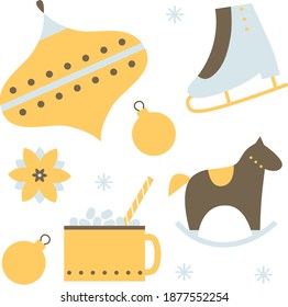 Christmas stickers set. Scandinavian winter elements vintage christmas toys, cup, pony, skates cartoon flat style. Christmas illustration for card, poster, web, logo, scrapbooking, sticker pack.