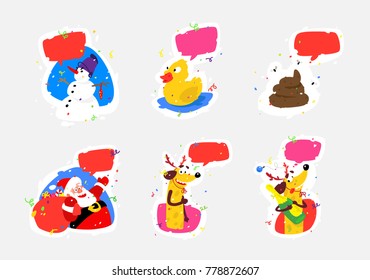 Christmas stickers set. Vector illustration ready for print, badge, website, banner and messengers. Emoji Santa Claus, snowman, shit, duck, dog. The image is isolated from the background.