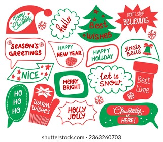 Christmas stickers set. Winter festive quotes.Cute holiday badges, lettering, doodle quotes, stickers. Vector illustration.