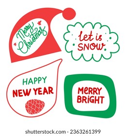 Christmas stickers set. Winter festive quotes. Cute holiday badges, lettering, doodle quotes, stickers. Vector illustration.