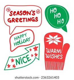Christmas stickers set. Winter festive quotes. Cute holiday badges, lettering, doodle quotes, stickers. Vector illustration.