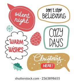 Christmas stickers set. Winter festive quotes. Cute holiday badges, lettering, doodle quotes, stickers. Vector illustration.