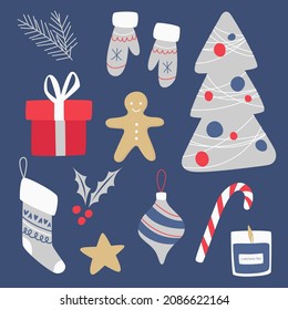Christmas stickers set.Hand drawn winter elements - gift, candle, pine, mittens, star, sock.Christmas illustration for card, poster, stickerpack, web, logo, scrapbooking, patterns, interior.Flat style