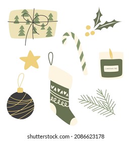 Christmas stickers set.Hand drawn winter elements - gift, candle, pine, mittens, star, sock.Christmas illustration for card, poster, stickerpack, web, logo, scrapbooking, patterns, interior.Flat style