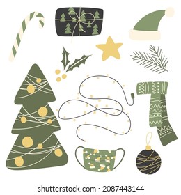 Christmas stickers set.Hand drawn winter elements-tree,garland,tree decoration,scarf,mask,santa hat.Christmas illustration for card,poster,stickerpack,web, logo,scrapbooking,patterns,interior.Happy NY