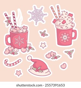 Christmas stickers. Sweet Cream Dessert Mug, cup Festive Hot Cocoa with Marshmallows, striped candy, Santa hat, snowflake and holly. Vector illustration. Isolated New Year kawaii elements 