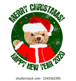 Christmas stickers with a teddy bear. Teddy bear dressed as Santa Claus, vector illustration for design and cards