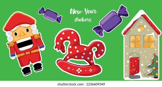 Christmas stickers. Christmas toys. Nutcracker. A wooden horse. Candies. Snow house with a Christmas tree