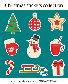 Christmas stickers. Christmas tree, ball, star, glove, snowman, cup of hot chocolate, candy cane, sleigh, gift box. Graphic design.