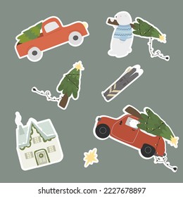 Christmas stickers, Christmas tree, red car, Christmas decor