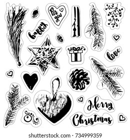 Christmas stickers in vintage style. New Year attributes and decorations. You can use it for decor of gifts, postcards, letters, congratulations and scrapbooks.